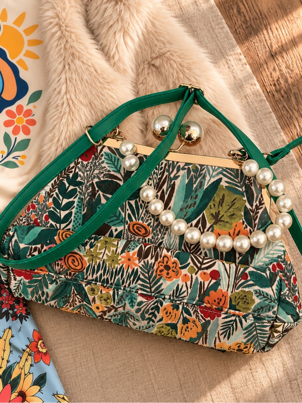 Kitschy Floral Botanical Kiss Lock Green Strap Pearl Handle Crossbody Purse